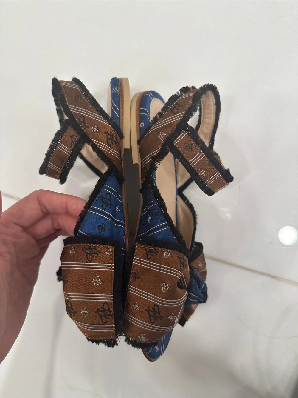 Fendi Blue and Brown Bow Strap Sandals for kids